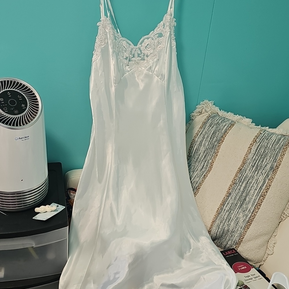White Satin Lace and Pearls Trim Slip Nighty